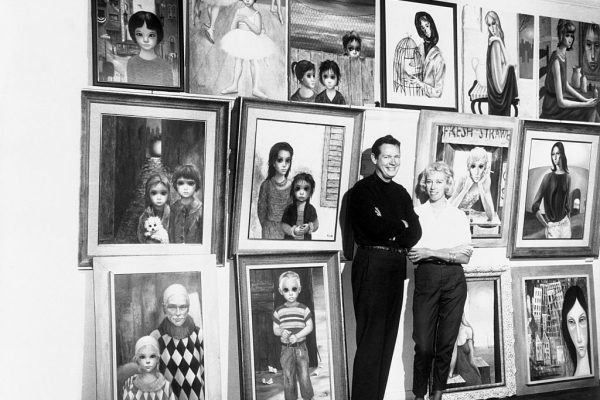 Keane Competition Partners in art as well as matrimony, Margaret and Walter Keane show off the paintings they'll take from their native San Francisco, Calif., to Japan. Walter's works are on the left, his wife's on the right. The Keanes, who have staged many art exhibitions in the U.S. and Europe, will be making their first visit to the Orient aboard Japan Airline inaugural jet flight on August 12.